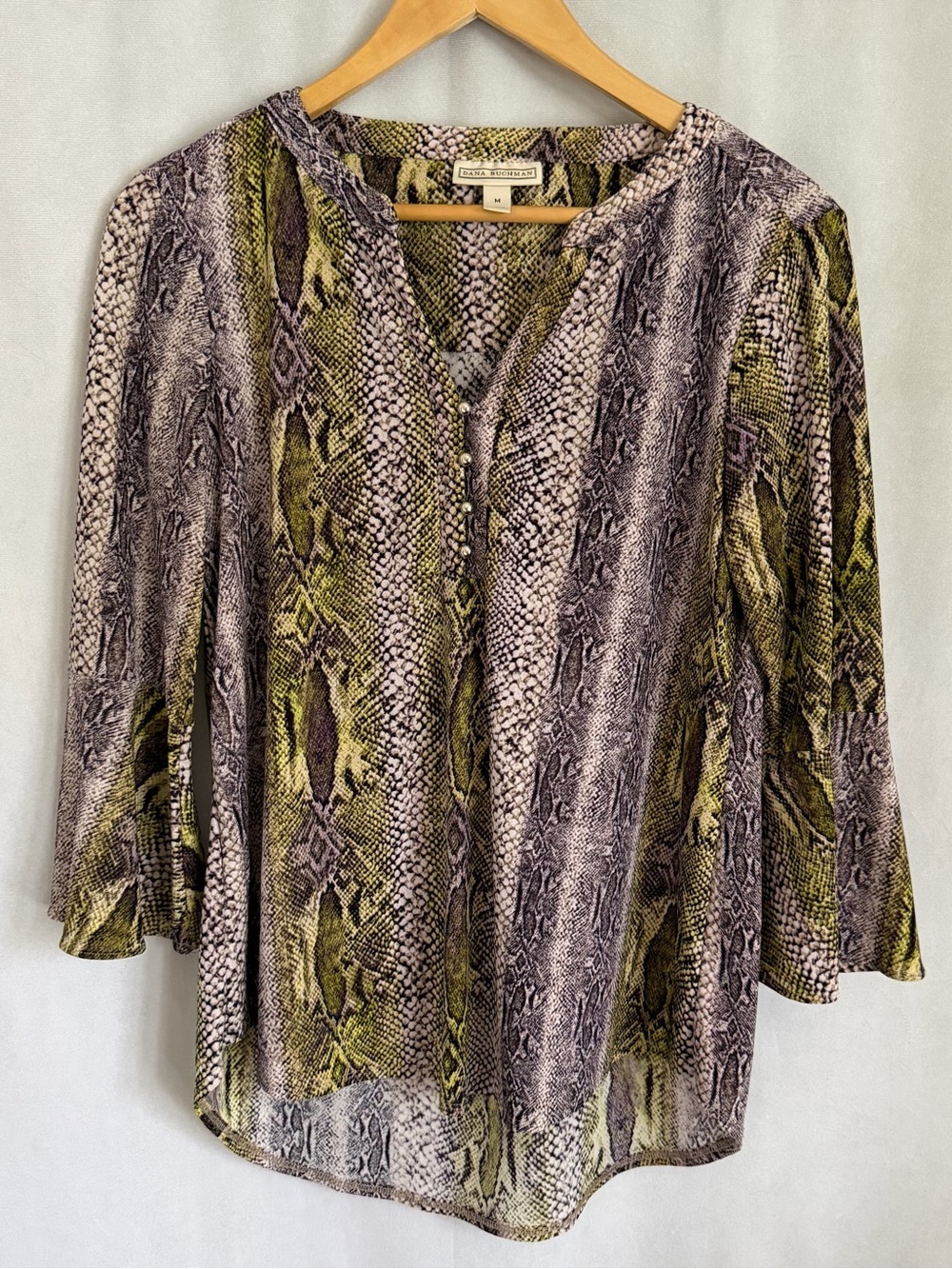 Dana Buchman Blouse Womens M Purple Green Snake Bell Sleeve Stretch Tunic Top